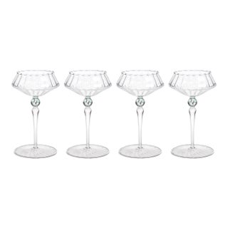 Ondine 4-Piece Set Fluted Coupe Glasses, Clear with Lagoon Green Accent For Sale