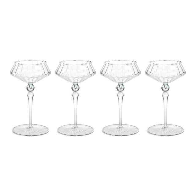 Ondine 4-Piece Set Fluted Coupe Glasses, Clear with Lagoon Green Accent For Sale