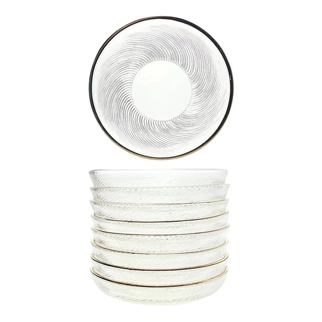 Contemporary Gold Rim Swirl Shallow Glass Bowl Dishes - Set of 8 For Sale