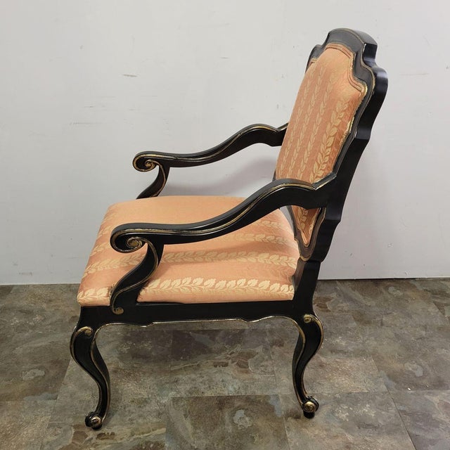 1970s Italian Black Lacquered Baroque Revival Armchair With Gilt Accents For Sale - Image 5 of 8