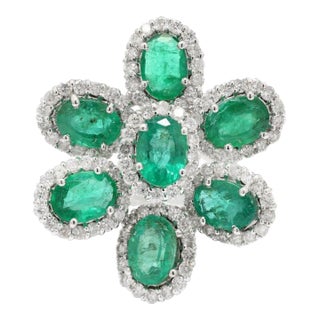 Statement 5 Ct Emerald Flower Ring With Halo Diamonds Ring Size 7 For Sale