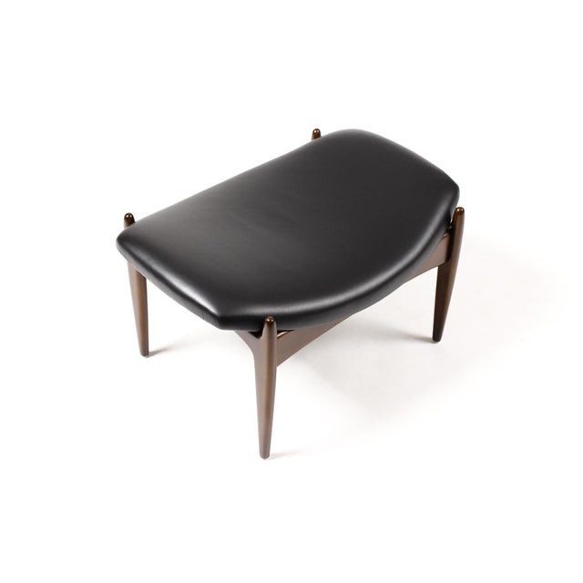 1960s 1960s Danish Modern Mid Century Mahogany Ottoman Foot Stool —Attributed to Kofod Larsen for Selig — Black Leather For Sale - Image 5 of 6
