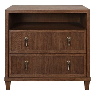 Matthew Izzo Home Corine Fluted Front Provincial Brown Oak Two Drawer Side Table With Open Shelf and Brass Drawer Pulls For Sale
