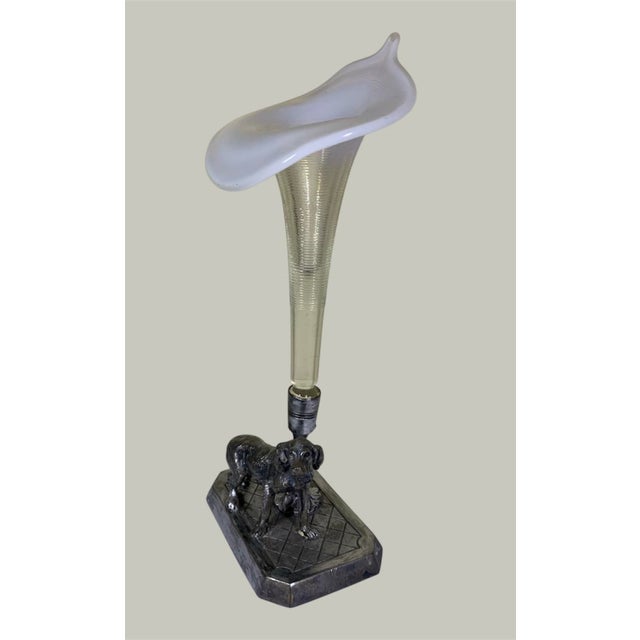 8.5” high, a very nice stand with a hunting dog and an opalescent jack in the pulpit vase, marked James W. Tufts Quadruple...