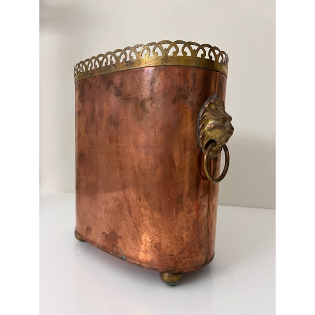Antique European Copper Planter With Brass Lion Head Handles & Pierced Gallery, Early 20th C. For Sale - Image 4 of 8