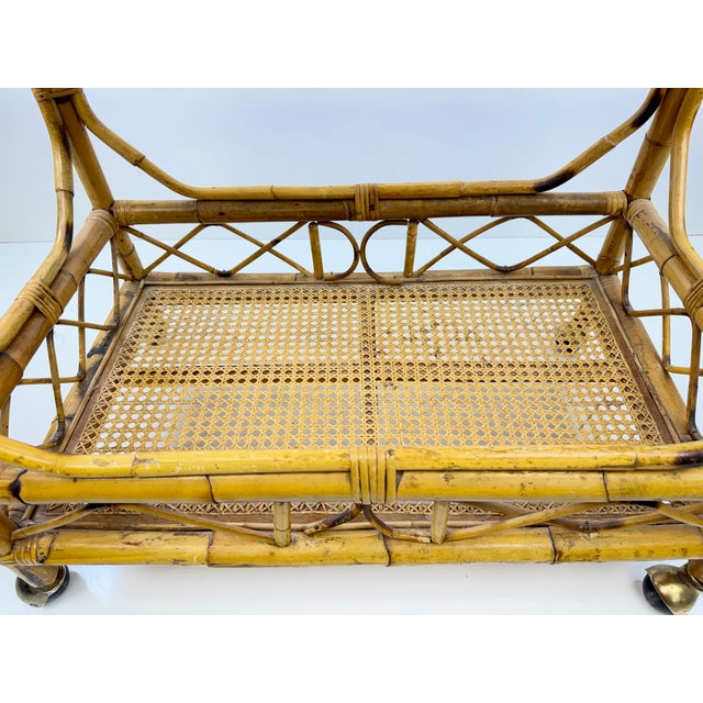 Tan Vintage Bamboo and Cane Two-Tier Bar Cart With Brass Casters For Sale - Image 8 of 13