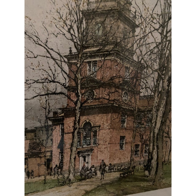 Beautiful detail on Luigi Kasimir's Philadelphia's Independence Hall etching. Protected under glass in exquisite frame....