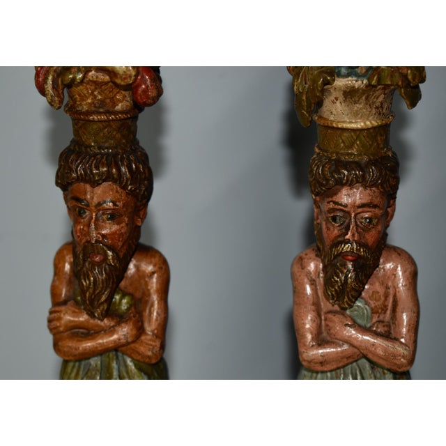 Antique Pair of Carved & Painted Wood Venetian Style Architectural Figures For Sale In Philadelphia - Image 6 of 12