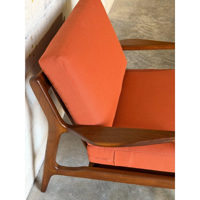 Terra Cotta In Style of Ib Kofod-Larsen for Selig Teak Lounge Chair Newly Reupholstered Mid-Century Modern 1960s For Sale - Image 8 of 12