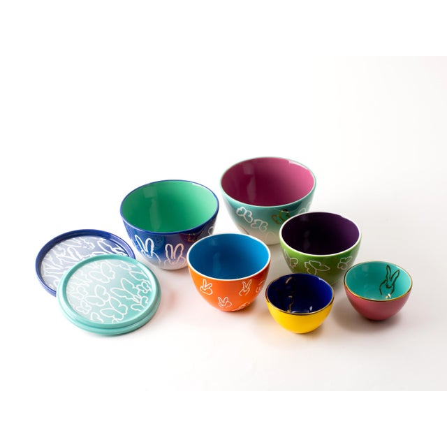 Abstract Hunt Slonem Bunnies & Butterflies Porcelain Nesting Egg For Sale - Image 3 of 3