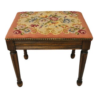 Vtg Victorian French Provincial Style Pink Floral Needlepoint Ottoman Footstool For Sale