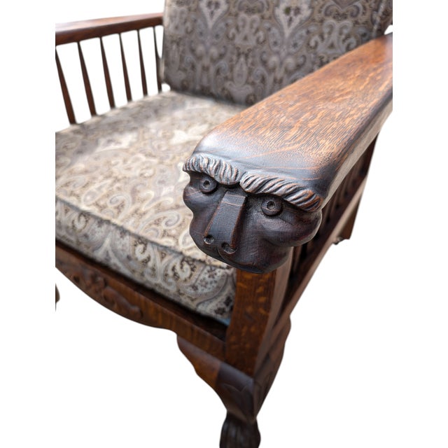 Antique Arts & Crafts Carved Oak Morris Recliner & Ottoman For Sale In Los Angeles - Image 6 of 11