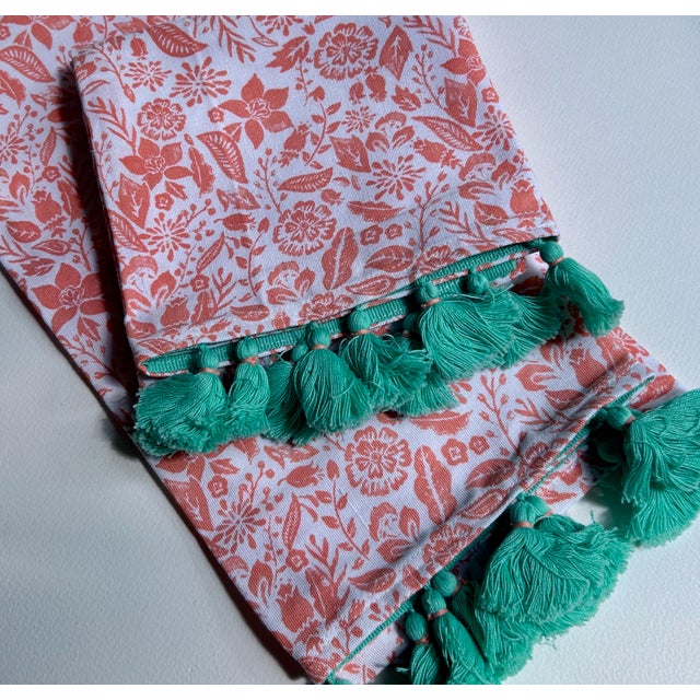 Pair Unused White Cotton, Coral Floral, Teal Tasseled Hand Towels For Sale - Image 10 of 17