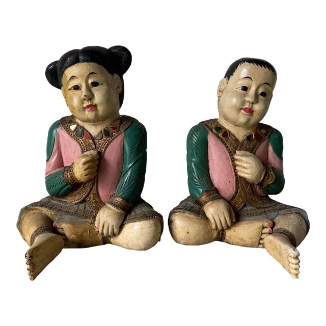 Vintage Asian Hand Carved Wood and Painted Seated Children Sculptures - a Pair For Sale