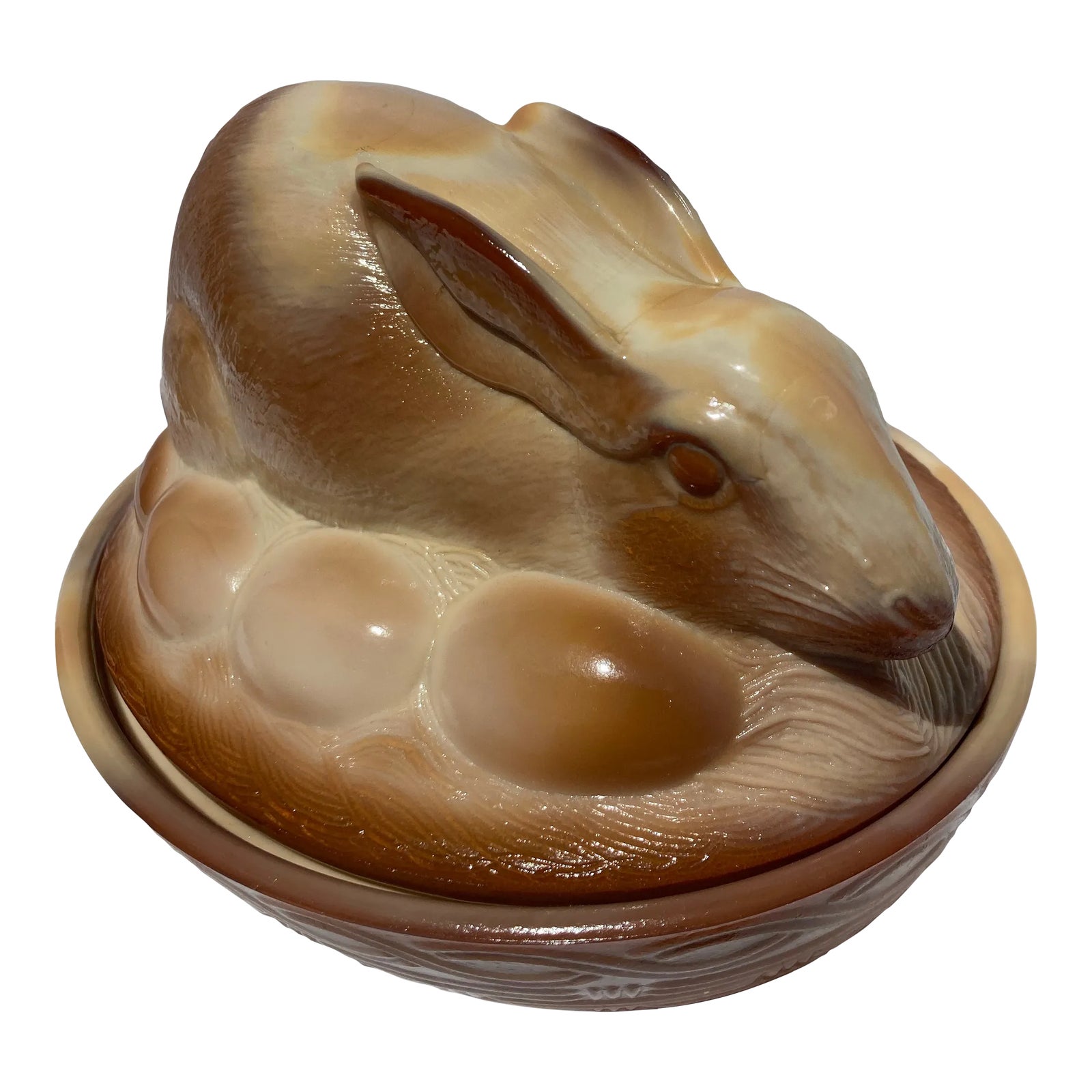 1990s Fenton Chocolate Slag Glass Bunny on Nest | Chairish