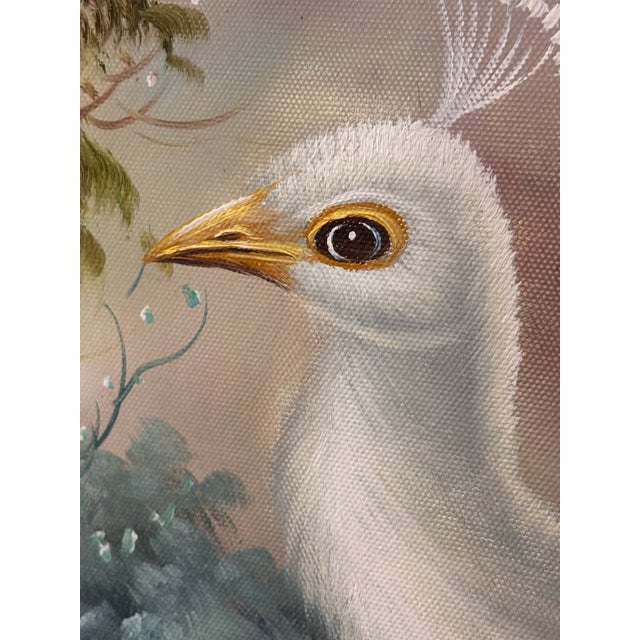 Forest Green Large White Peacock Garden Oil Painting in Antique Ornate Gilt Florentine-Style Frame For Sale - Image 8 of 12