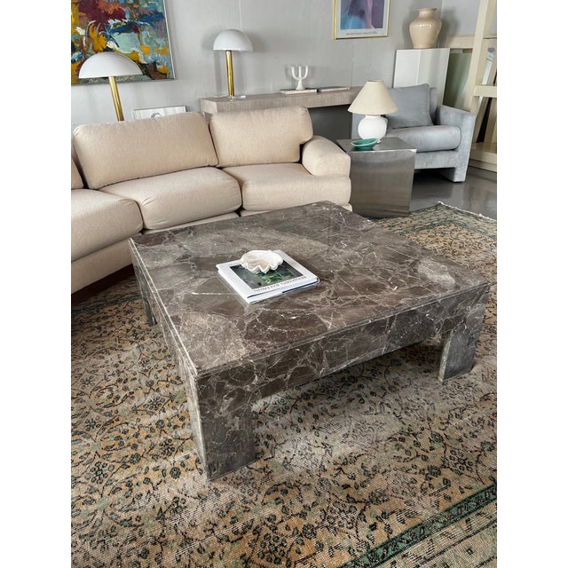 Gorgeous, square, grayish/taupe scale vintage marble coffee table. Grayish brown coloring with shades of cream, white, and...