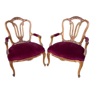 Pair of French Louis XV Style Carved Fruitwood Bergere Arm Chairs, 1950’s For Sale