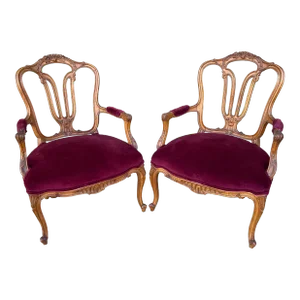 Pair of French Louis XV Style Carved Fruitwood Bergere Arm Chairs, 1950’s