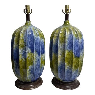 Mid-Century Blue and Green Textured Ceramic Lamps-a Pair For Sale