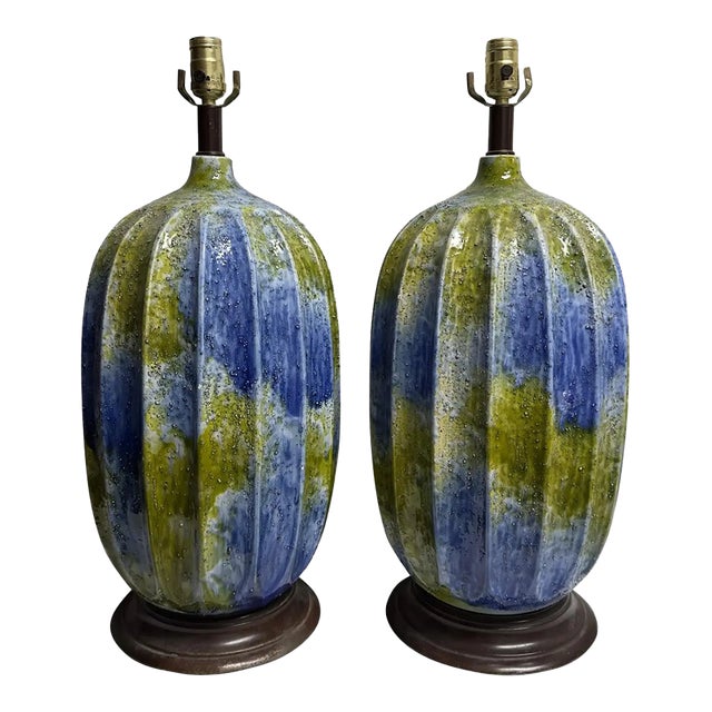 Mid-Century Blue and Green Textured Ceramic Lamps-a Pair For Sale