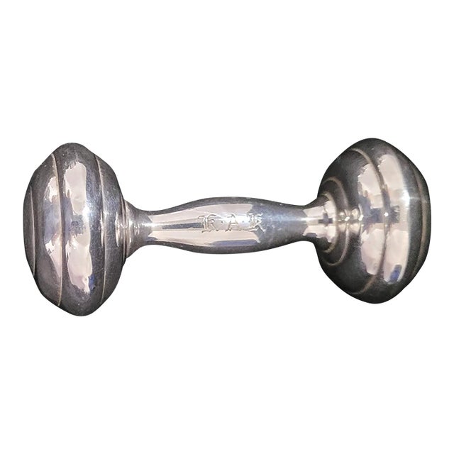 Mid-Century Tiffany & Co. Sterling Silver Barbell Baby Rattle Monogramed 3.5 In For Sale