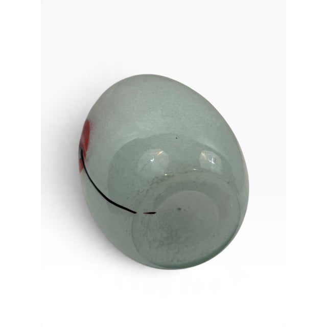 Mid-Century Modern Frosted Art Glass Vase With Red Poppy, Studio Glass Style, 7 Inch Ovoid Vase, White Satin Glass Floral For Sale - Image 3 of 4