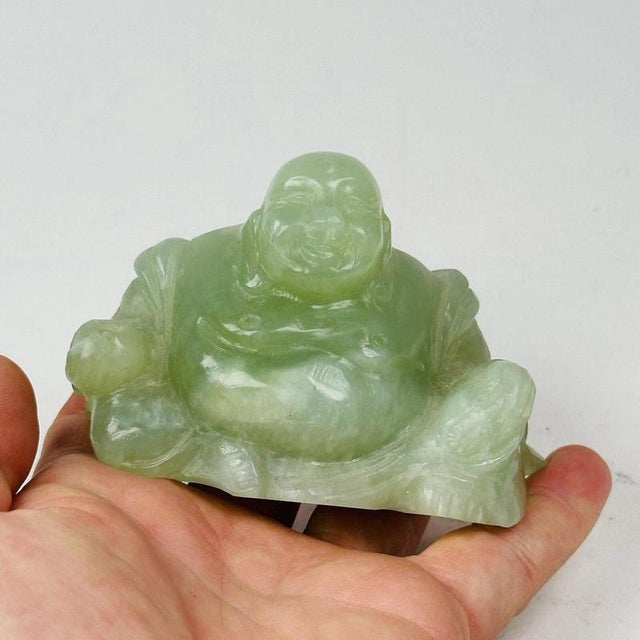 Chinese Carved Green Jade Maitreya Laughing Buddha Figure For Sale - Image 6 of 15
