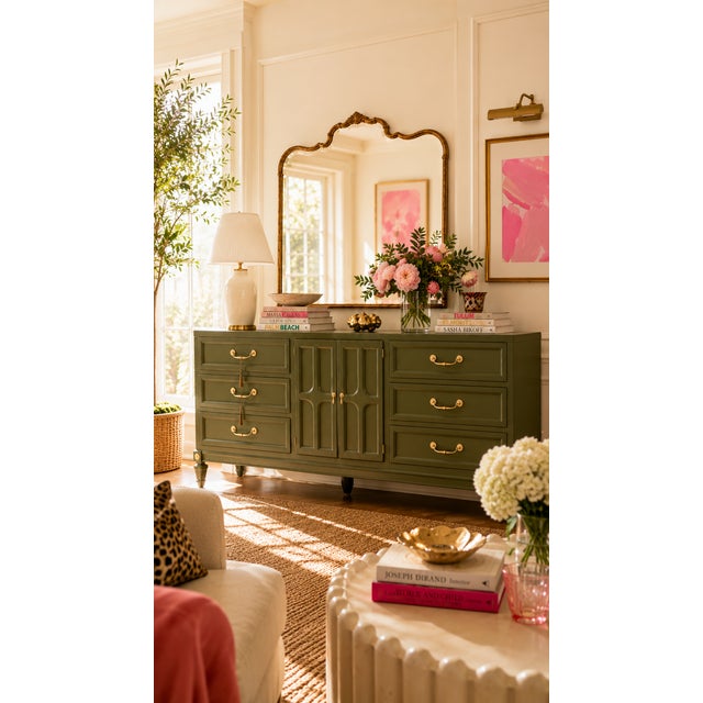 Freshly painted in a rich green, this mid century sideboard by Union National of Jamestown, New York, offers a tailored...
