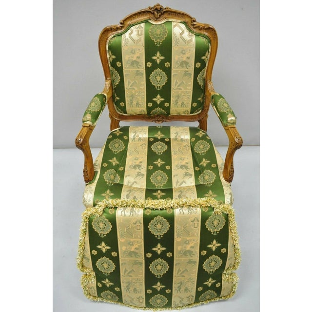 Antique French Louis XV Style Green & Gold Walnut Fauteuil Arm Chairs - A Pair For Sale - Image 10 of 12