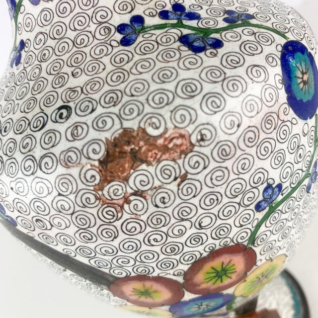Vintage Brass Enamel Chinese Cloisonné Vase Floral Blue Flowers Scroll Design For Sale - Image 4 of 9