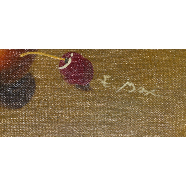 Realism Still Life With Chianti and Fruit, Unknown Artist Oil on Canvas, Signed 'e. Max' L.r. For Sale - Image 3 of 4