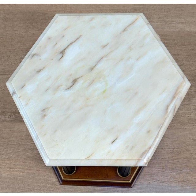 Vintage Neoclassical Marble Top Column Hexagon Side Table For Sale - Image 4 of 6