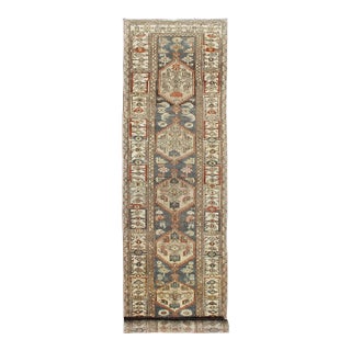 Long Persian Kurdish Runner With Medallion Design in Charcoal, Ivory and Red For Sale