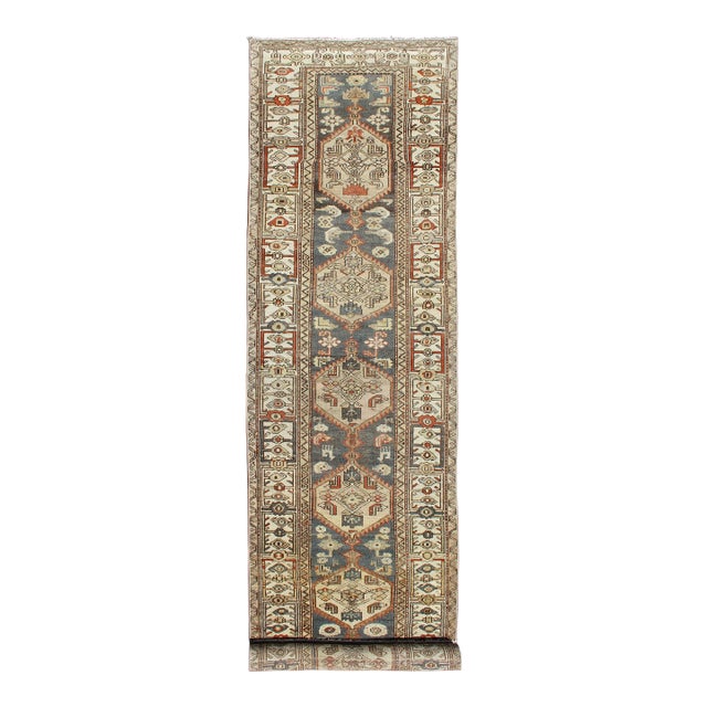 Long Persian Kurdish Runner With Medallion Design in Charcoal, Ivory and Red For Sale
