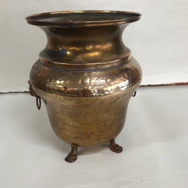 Georgian Style Hammered Brass Lion Head Motif Jardiniere For Sale - Image 4 of 7