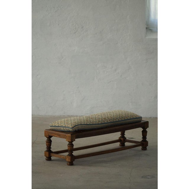 Baroque Danish Oak Ottoman with Hand-Embroidered Cushion and Cane Seat, 1940s For Sale - Image 3 of 18