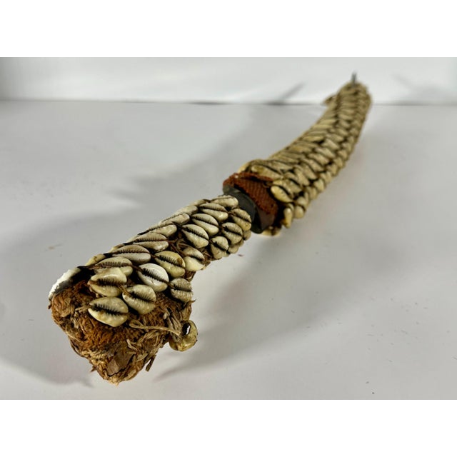 Brown Algerian Berber Flyssa Dagger: Cowrie Shell Sheath, Etched Steel Blade For Sale - Image 8 of 10