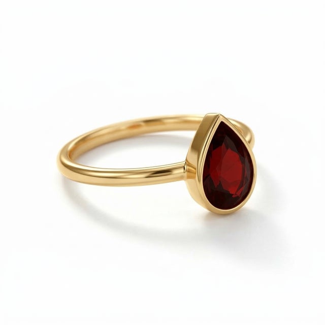 Pear Garnet Solitaire Ring in Gold Rich and captivating, this ring features a deep red pear-shaped garnet set in a smooth...