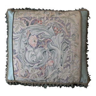 Square Pillow | Tan & Green | Floral Aubusson Silk Pillow For Sale