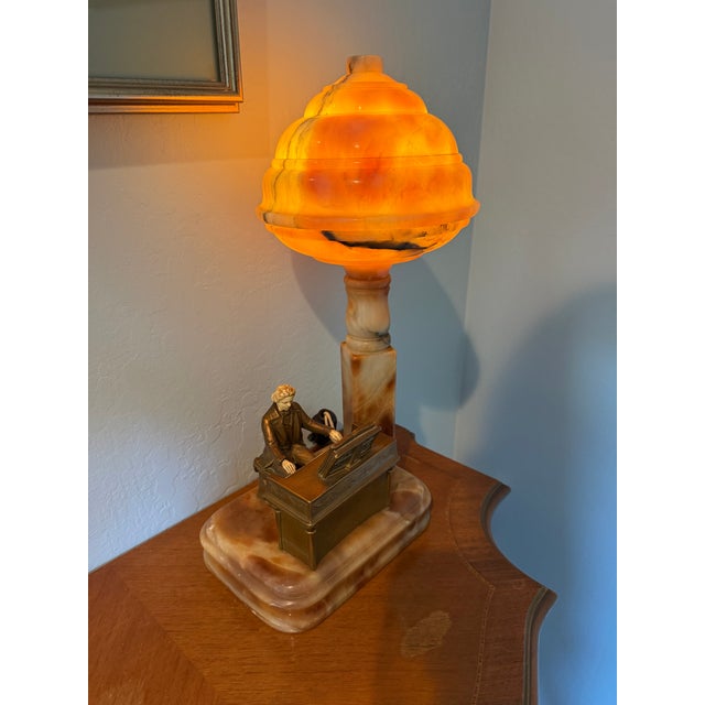 Alabaster Antique Art Deco Alabaster Beehive Lamp With Spelter Pianist Figure For Sale - Image 8 of 10