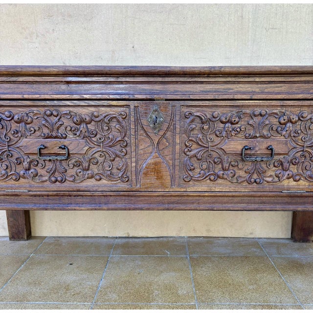 Rustic Antique 19th Century Carved Wooden Chest with Iron Hardware, Spain, 1800s For Sale - Image 3 of 13