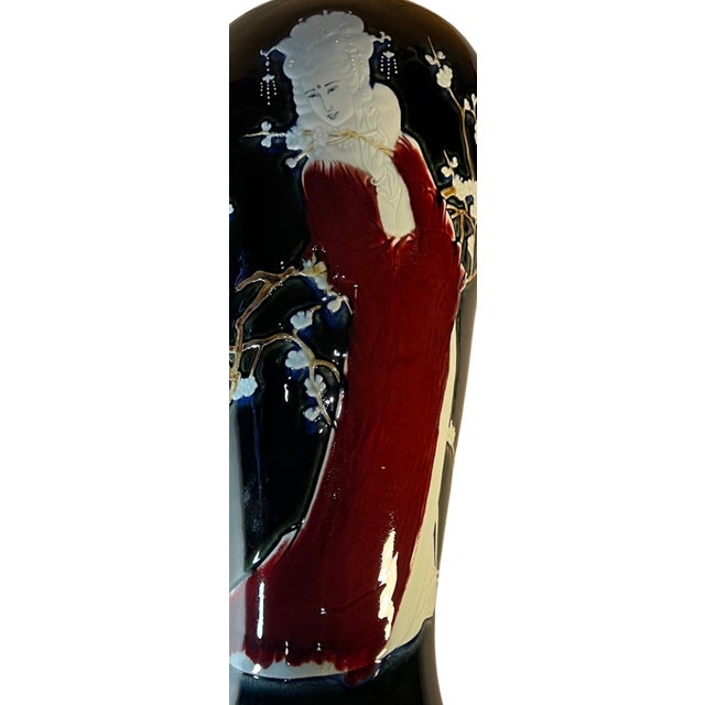 Vintage 23 In. Tall Black Porcelain Palace Vase Lady Courtesan in Enamel Relief For Sale - Image 11 of 18