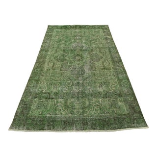 Tabriz Rug 6’3” X 9’3” Green Wool Vintage Overdyed Hand-Knotted Carpet For Sale