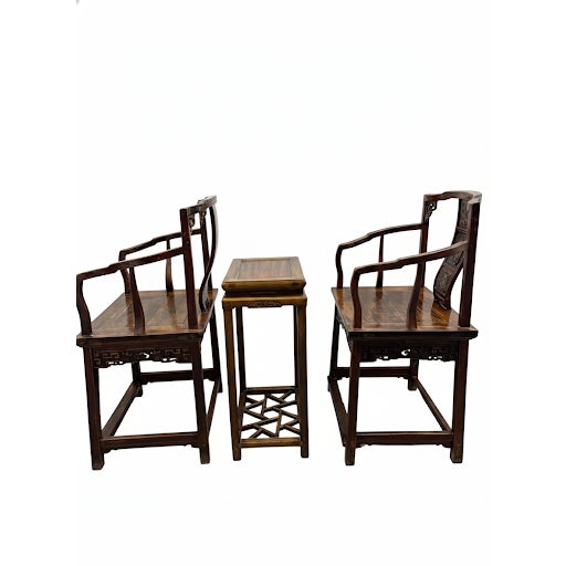 Chinese Traditional Chinese Horseshoe-Back Armchairs and Tea Table For Sale - Image 3 of 8