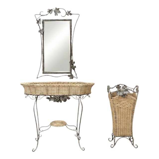 Garden Iron and Wicker Plant Stand Console Table With Mirror & Umbrella Stand For Sale