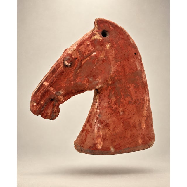 Mold-made terracotta or earthenware. Naturalistic profile with defined snout musculature, bridle details, and a reddish...