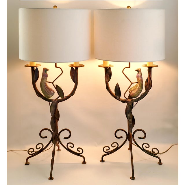 Rustic European Large Lamps Rustic Plaster Parrots & Shades Pair For Sale - Image 3 of 13