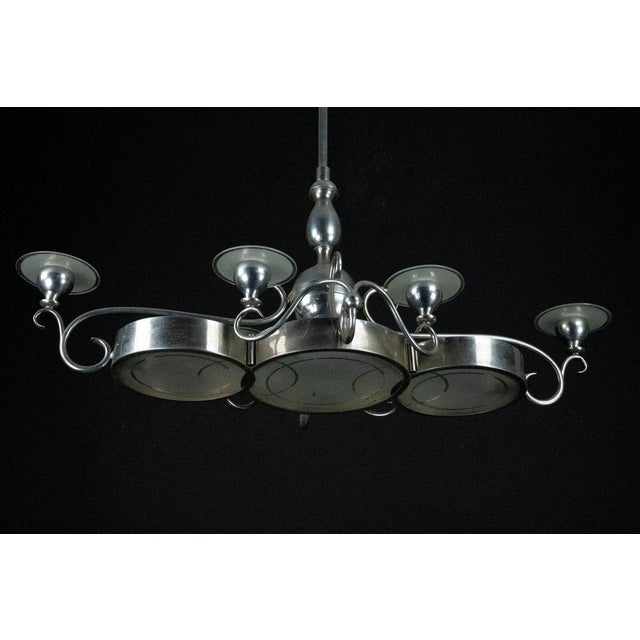 Art Deco Italian Chandelier in Nickel Brass and Frosted Glass, 1930s For Sale - Image 10 of 14