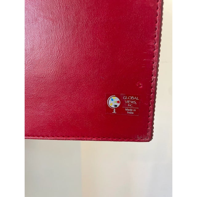 2000s Global Views Red Leather Embossed Tray With Metal Handles For Sale - Image 10 of 11